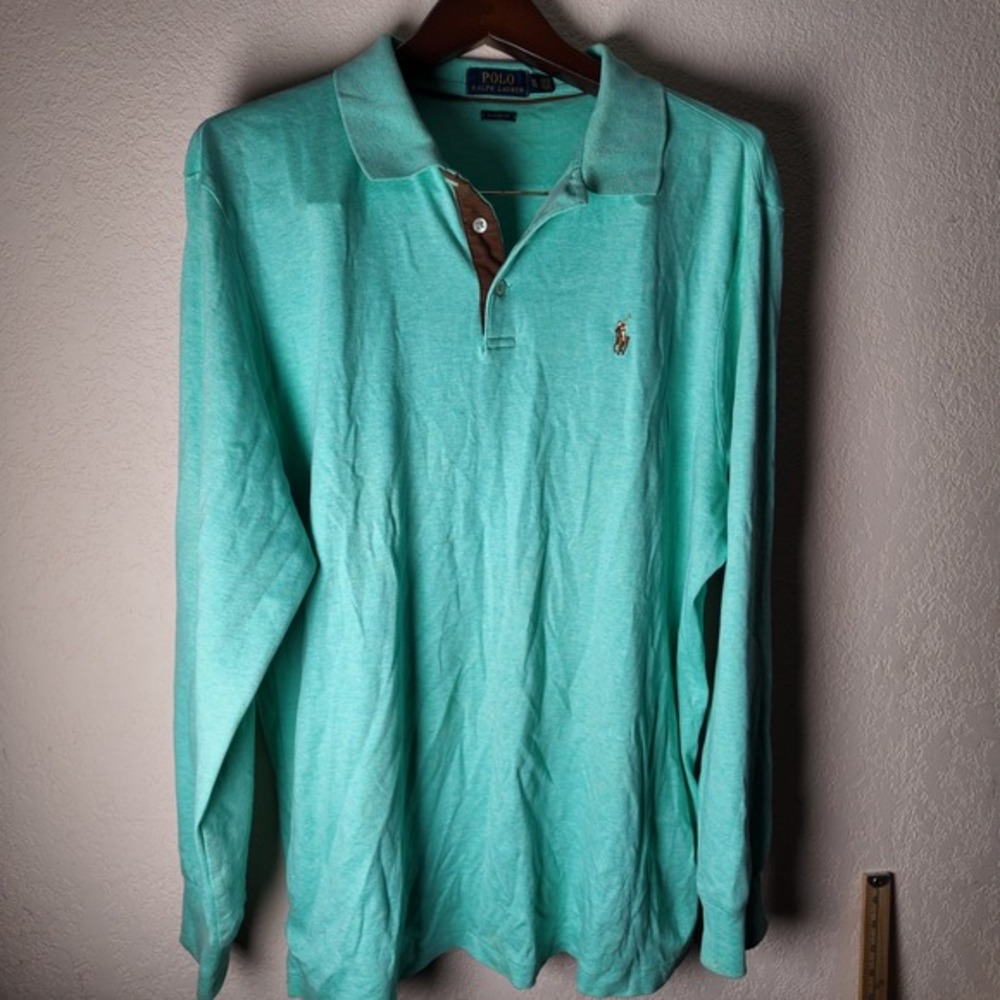Polo Ralph Lauren Long Sleeve Polo Shirt Aqua Green Classic Fit Mens XL - Picture 1 of 9